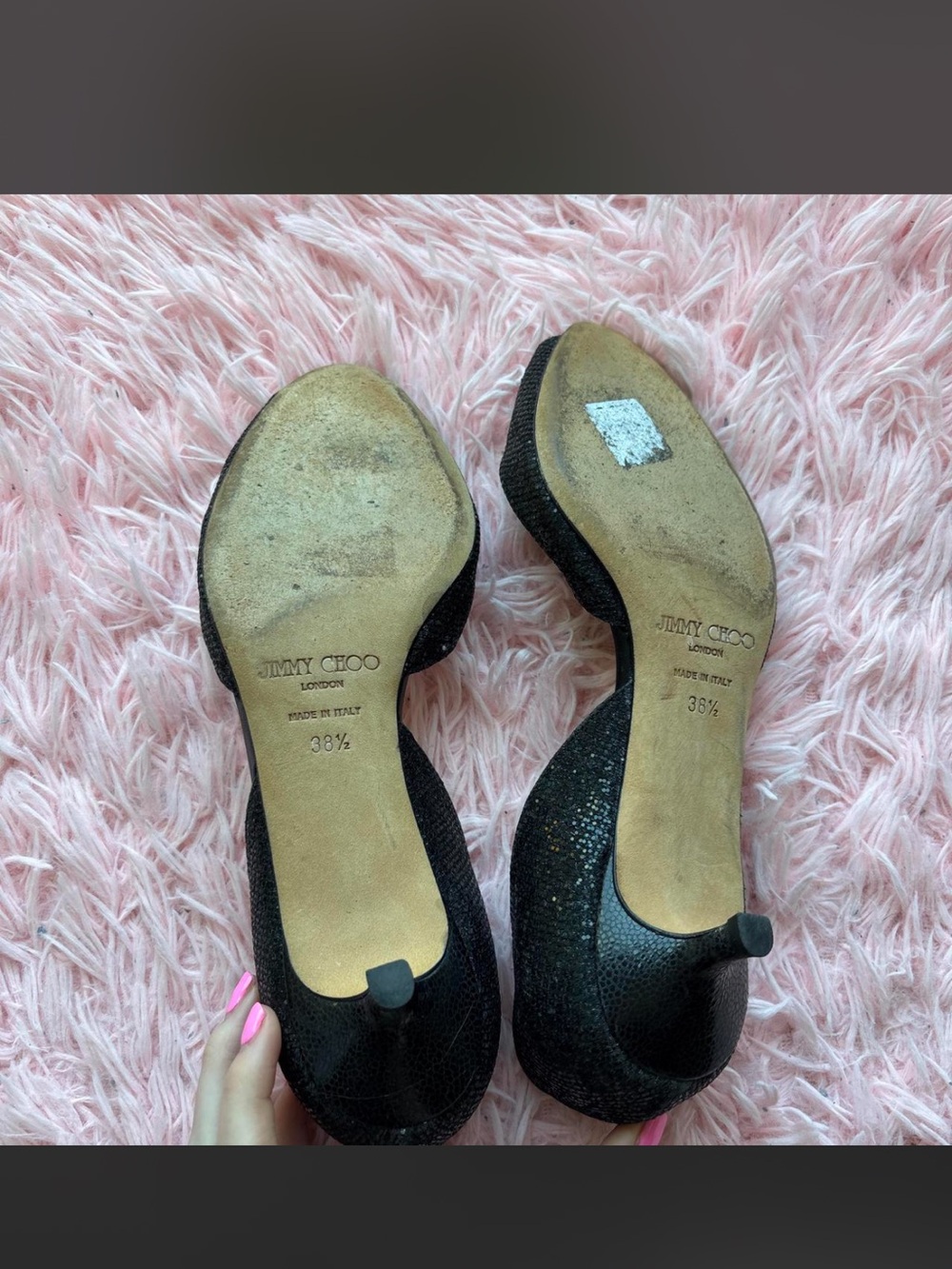 Authentic Jimmy Choo Black Glitter Peep-Toe D'Orsay Kitten Heels - 38.5 - Picture 4 of 5
